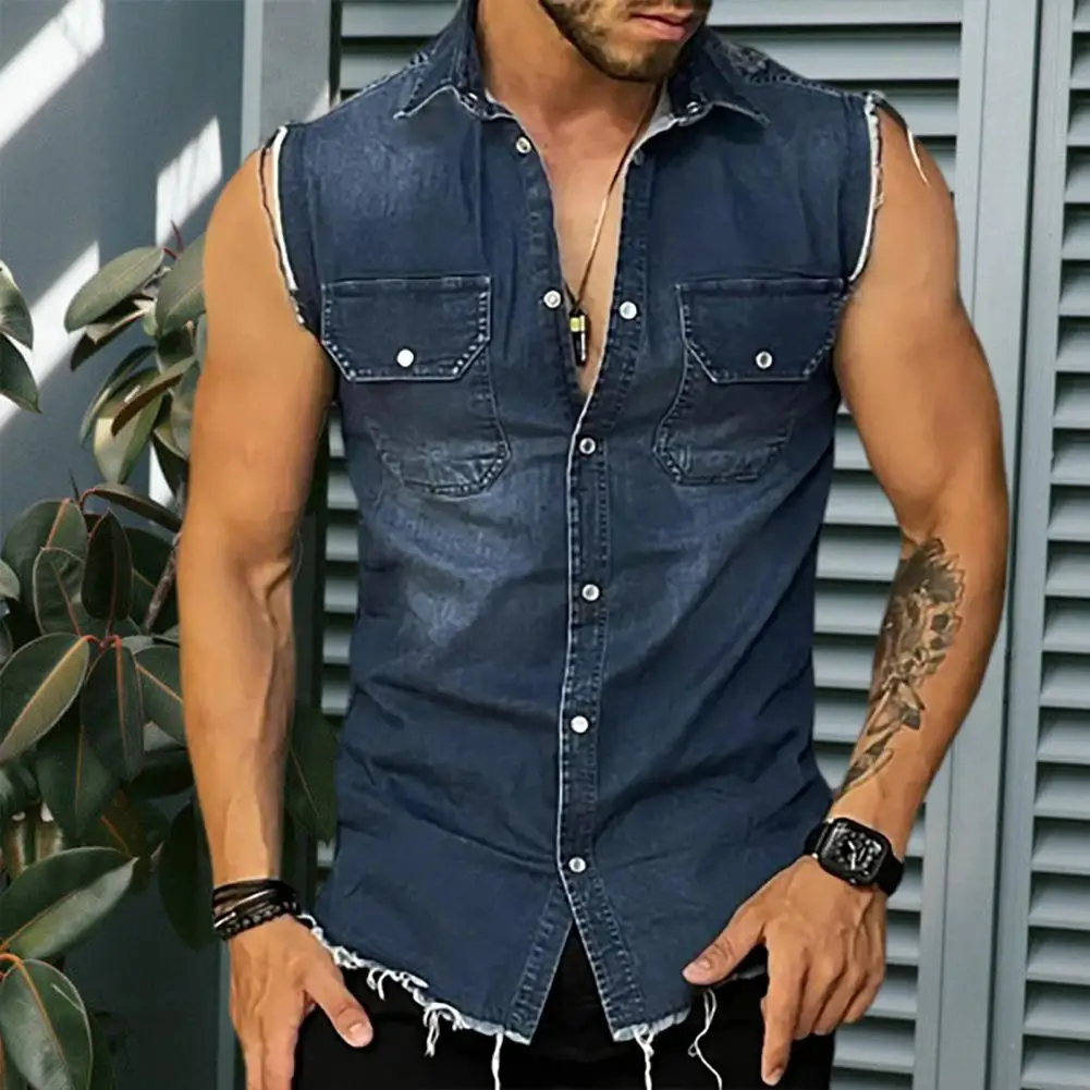 

Fashion Men Jacket 3D Cutting Vest Jacket Sleeveless Solid Color Denim Shirt Coat Versatile