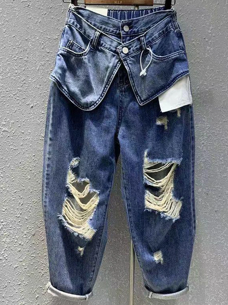 

Женские рваные джинсовые Асимметричные шаровары, свободные дизайнерские брюки с двойной талией, уличная одежда с высокой талией, женские брюки, мешковатые джинсы на осень