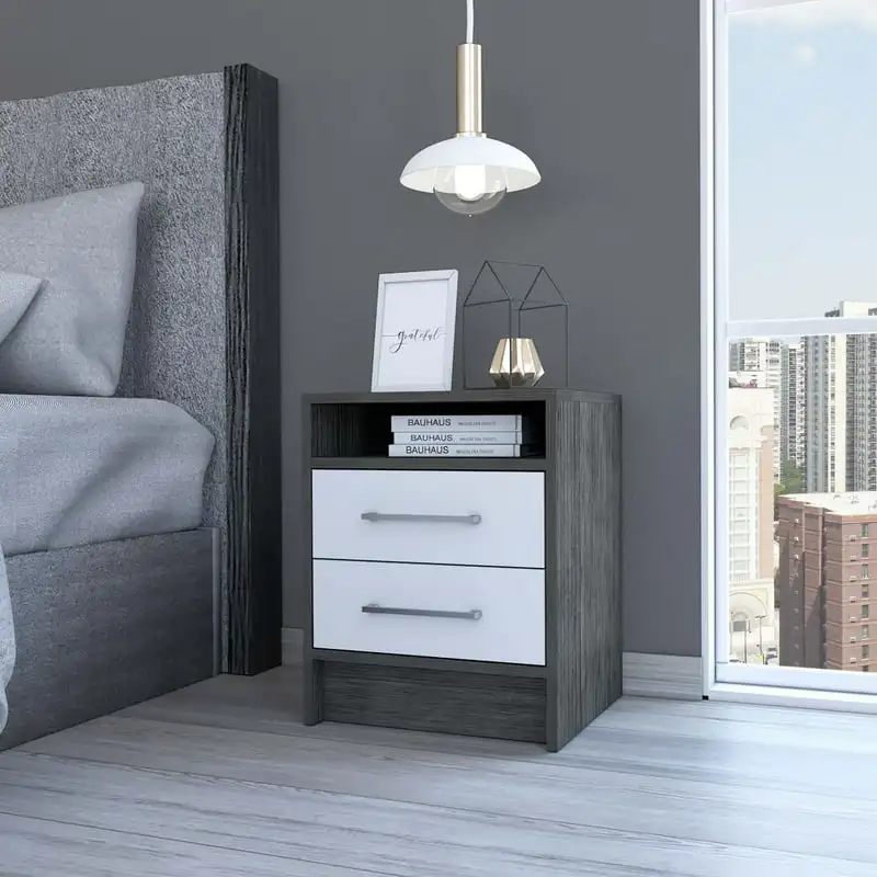 

Nightstand, White-Gray Painted, 2-Drawers, for Bedroom