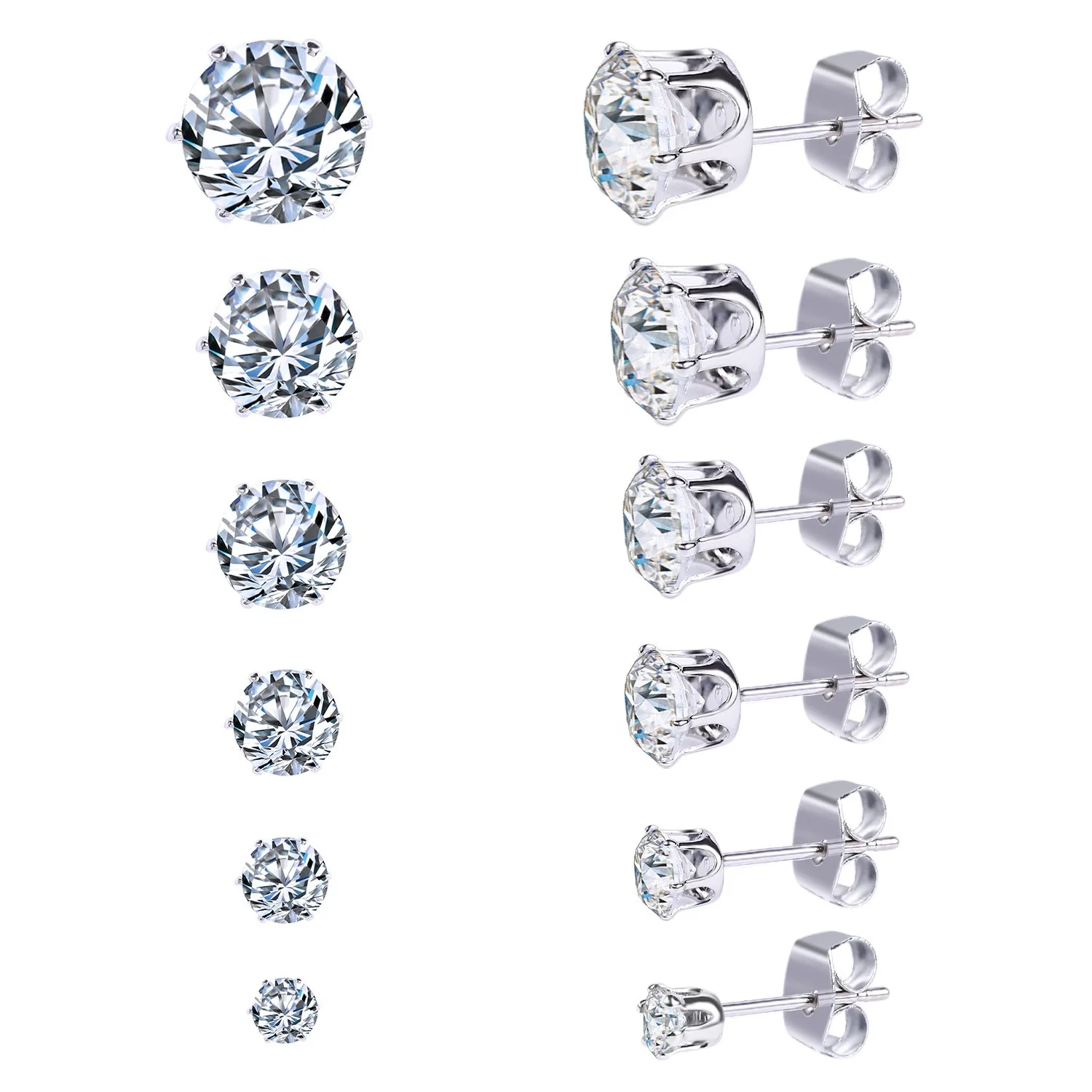 

6 Pairs Stud Earrings Set Hypoallergenic Cubic Zirconia Earrings for Women Jewelry Accessories 3-8 Mm Multicolor Zircon Earring