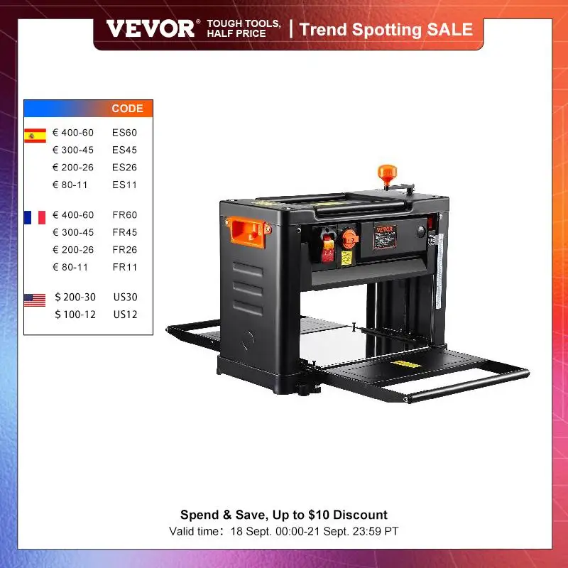 

VEVOR Electric Thickness Planer Benchtop 13inch Wood Planer with Three Blades Two Speed 15-Amp 2000W for DIY Woodworking Planing