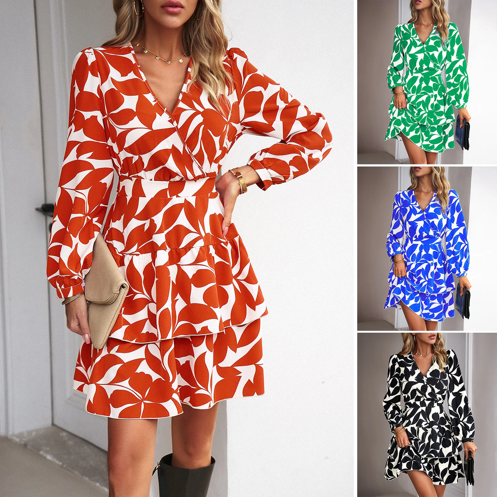 

Women's 2023 Summer New Fashion Casual Printed V-neck Dress Bubble Sleeve Waist Cascading Ruffle Temperament Short Dress Women