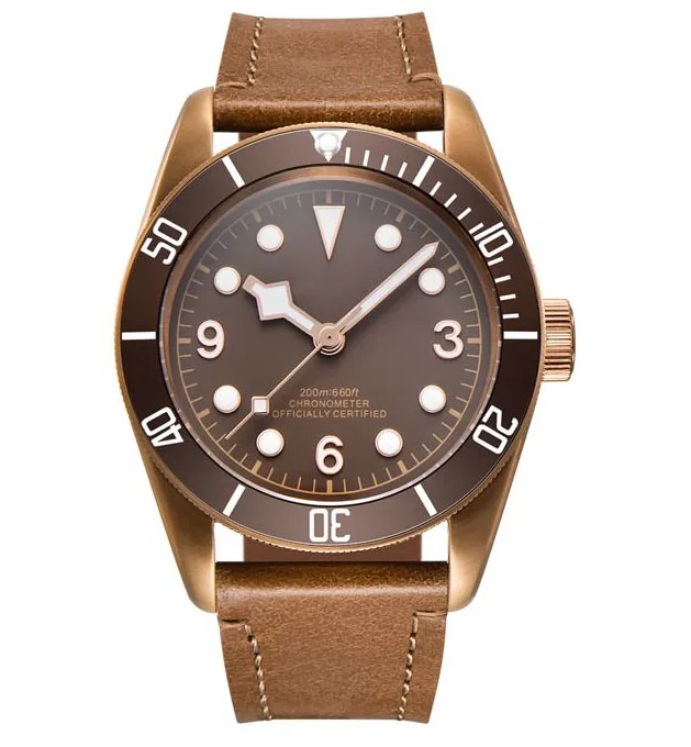 

41 мм кофейный циферблат с бронзовым PVD сапфировым стеклом NH35A Miyota ST Move Мужские автоматические наручные часы с кожаным ремешком