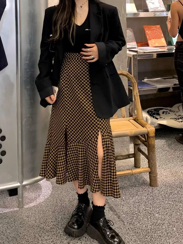 

Midi Plaid Skirts Women Sexy High Waist Side Split Skirts Ladies Office Ruffles Streetwear Spring Vintage Fashion long Skirt