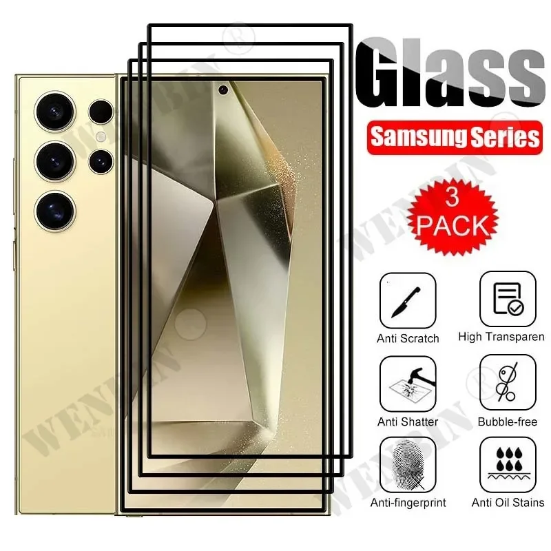 3 יחידות זכוכית מחוסמת עבור Samsung Galaxy S25 S24 S23 S22 Ultra Plus FE A16 A35 A36 A55 A56 מגן מסך זכוכית מלאה