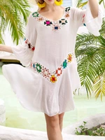 2022 beach cover ups for women long sleeve white pareo tunic knit v neck summer dresses bath exits vestidos playa verano mujer