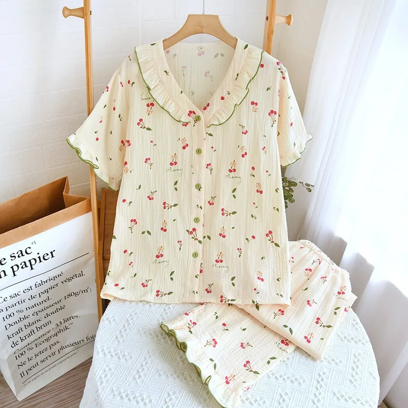 Crepe Pijamas Women Pyjamas Home Clothes Lace Collar Cardigan Sleepwear Short Sleeve Pajamas For Women Sweet Pijama Sets Cotton