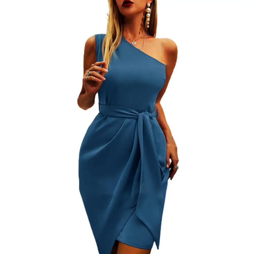 

Formal Dress Dress Women Dress Lady Slim Popular Slash Shoulder Sleeveless Belt Dress