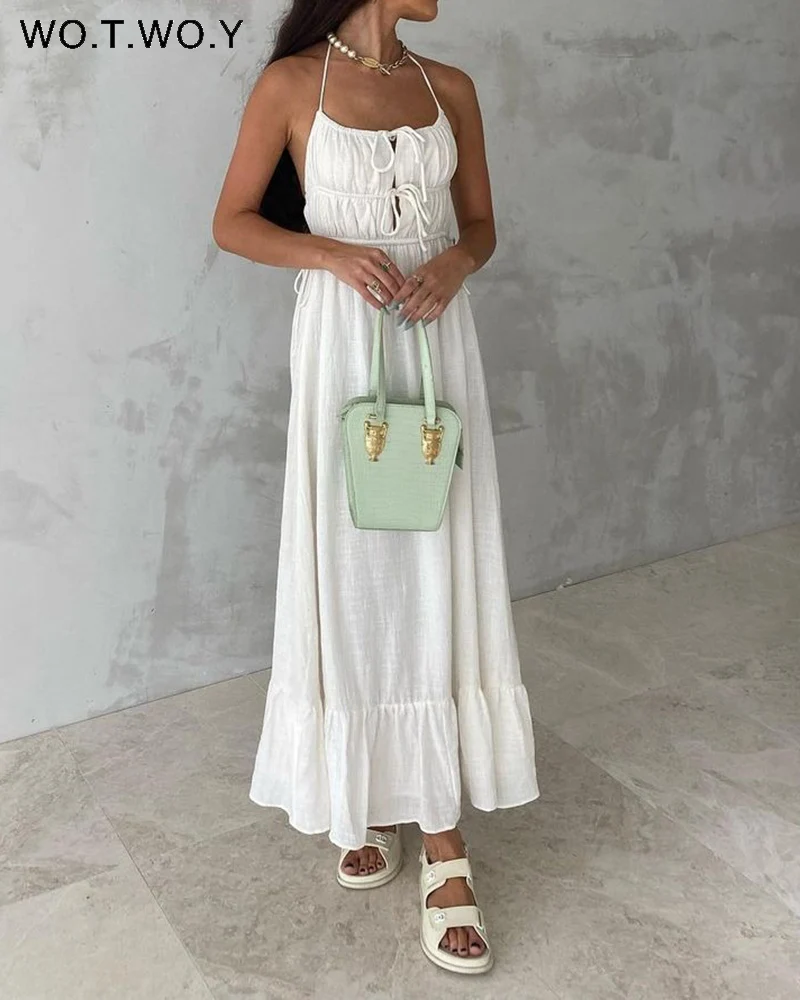 

Женское платье с открытой спиной WOTWOY, белое богемное длинное пляжное платье макси на шнуровке, праздничное платье 2022