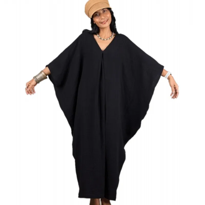 Хлопковая Свободная Повседневная пляжная блузка Boubou в африканском стиле, длинное платье, женское черное платье для отдыха, платье бикини, л...