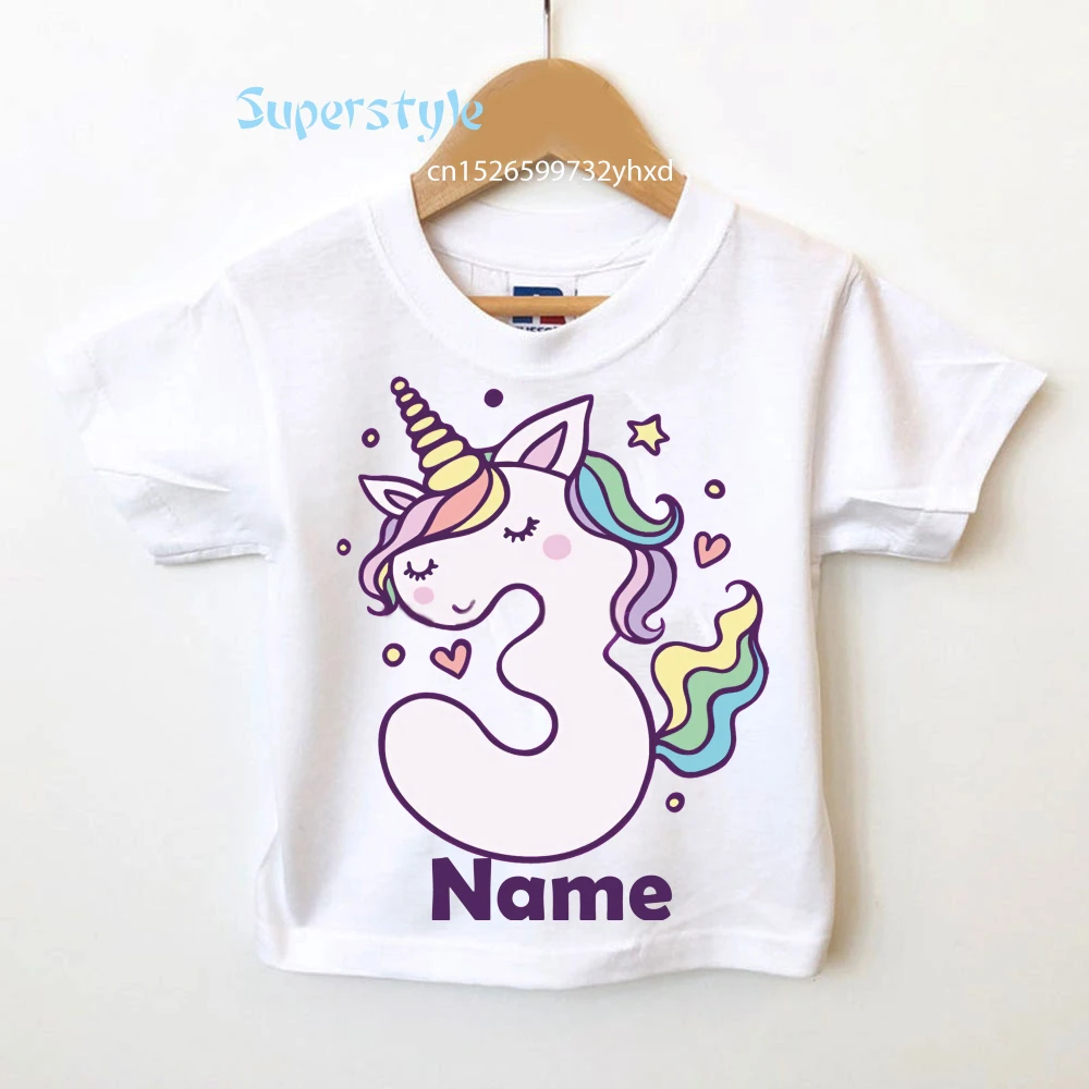 

Children Custom Name Birthday Shirt Number 1-9 Cartoon Cute Unicorn Girls T-shirts Unicorn Clothes Kids Gift Fashion Tops Tshirt