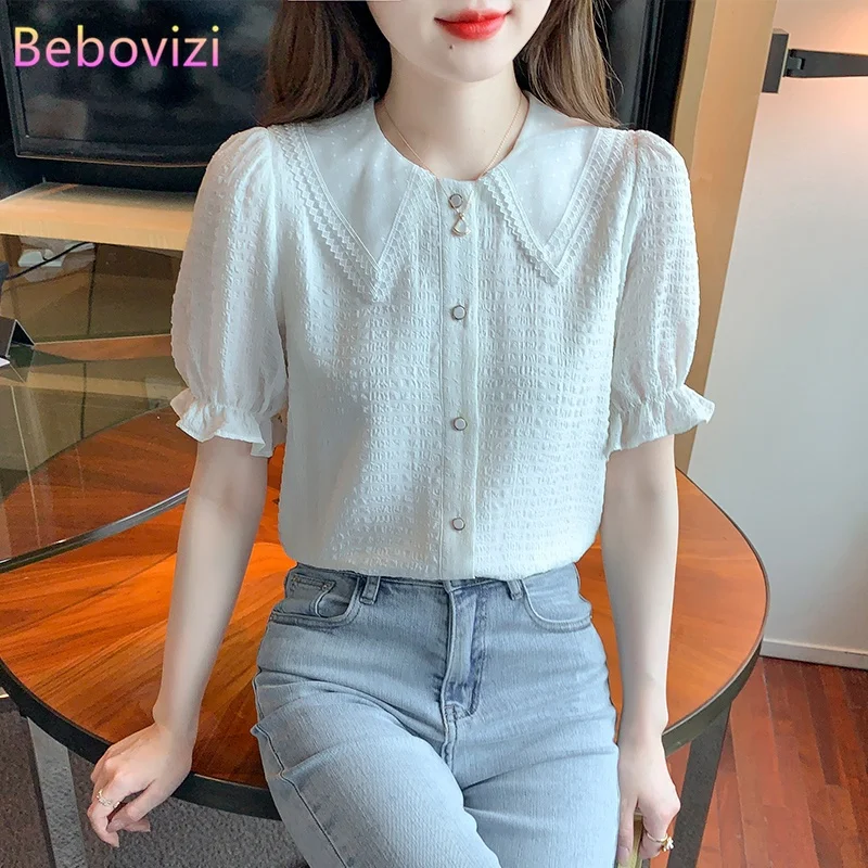 

2022 Fashion New Chiffon Shirt Lace Doll Collar Doll Collar Puff Sleeves Casual Women Blouse