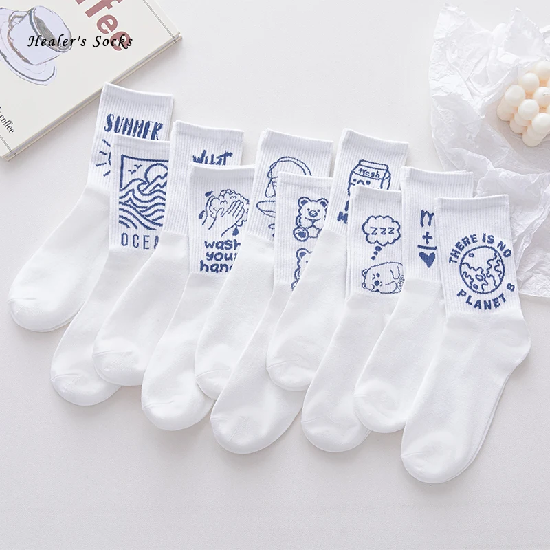 

Kawaii White Graffiti Men Women Socks Cotton Harajuku Funny Fashion Sketch College Style Japanese Girls Cute Happy Long Socks
