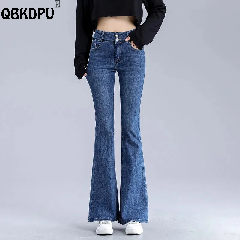 

Korean Fashion High Waist Flare Jeans Design Women Skinny Stretch Vaqueros Blue Black Bell-Bottoms Pants Elegant Denim Trousers