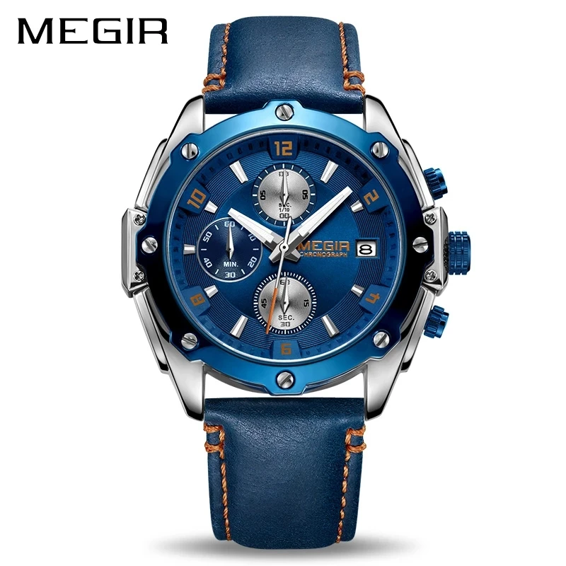 

MEGIR Chronograph Männer Uhr Relogio Masculino Blau Leder Business Quarzuhr Uhr Männer Kreative Armee Militär Handgelenk Uhren