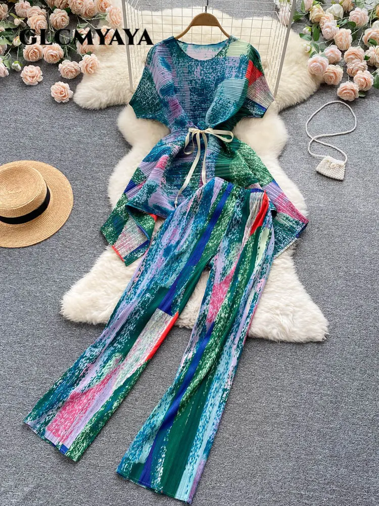 

GLCMYAYA Elegant Chic Tie Dye Women Wide Leg Pants Suit and Sashes Waist T-shirt 2023 Outfit Streetwear INS Two 2 Piece Set