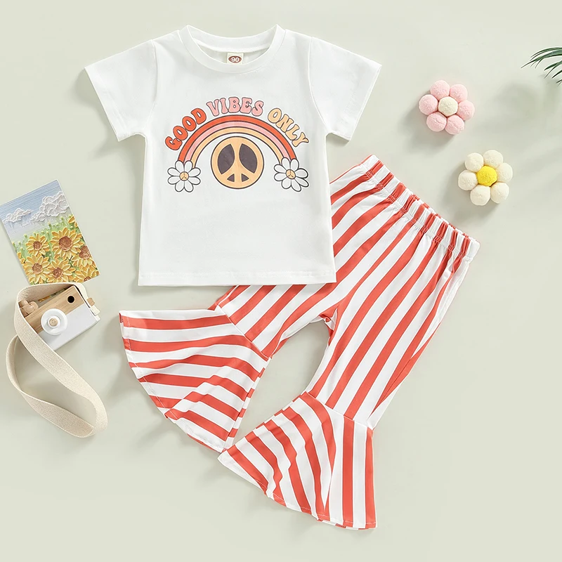 

Kid Girl Pants Set Short Sleeve Letters Print T-shirt Tops+Casual Striped Flare Pants Crew Neck Children Outfits Summer Clothing
