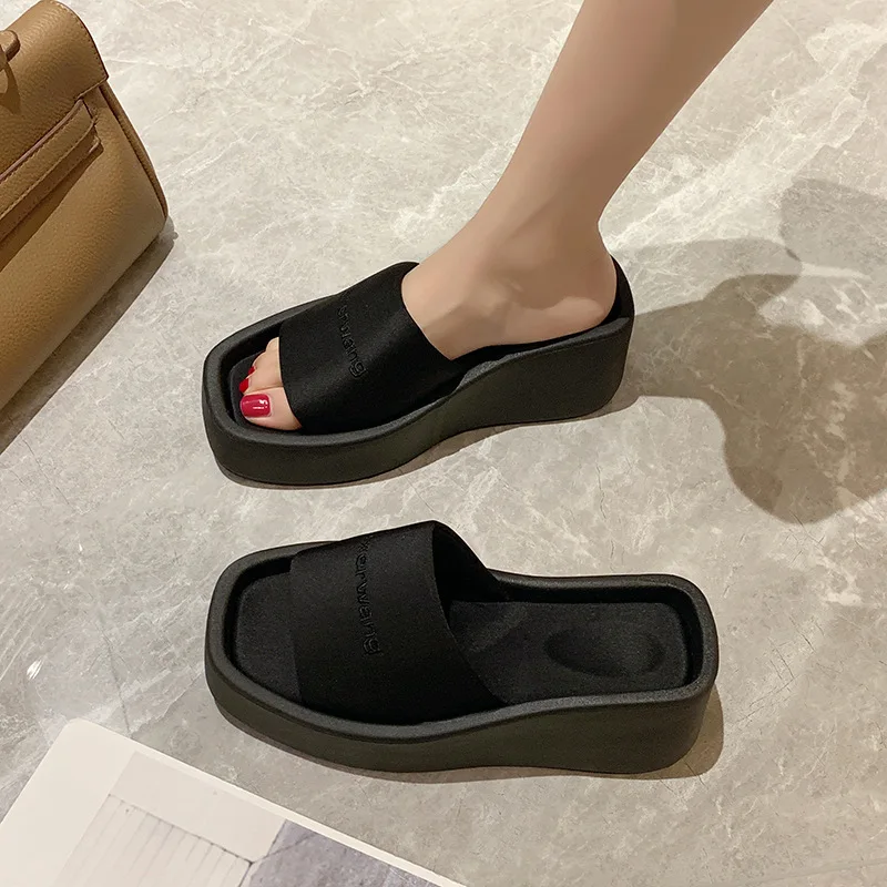 FAFA Thick Bottom Square Head A Word Slippers Female Summer New Muffin Bottom Increase High Slope With Personality Sandals