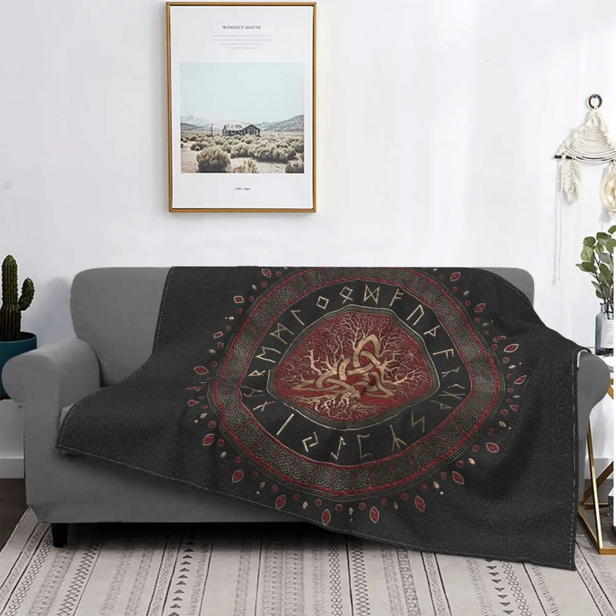 

Art Blanket Flannel Tree Of Life With Triquetra Black Red Leather And Gold Cozy Soft FLeece Bedspread