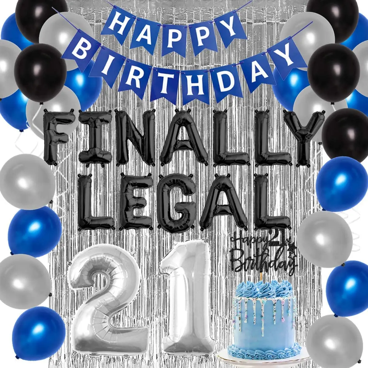 

Finally 21st Legal Birthday Decorations Balloons Happy 21st Birthday Banner Sash Tinsel Backdrop Blue Black Silver for Him Her