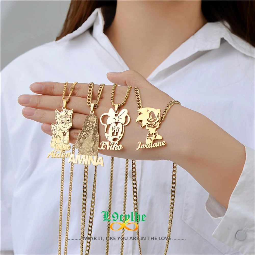 

Custom Picture Necklace Personalized Photo Pendant Necklace Photo Stainless Steel Gold Cartoon Character Nameplate Jewelry Kid's