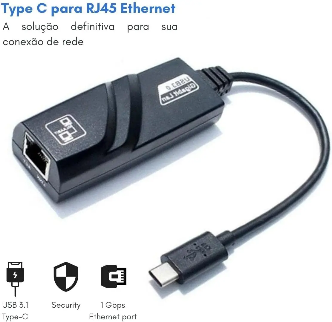 

Adaptador de Rede Conversor USB 3.1 TYPE-C para RJ45 10/100/1000 Gigabit Ethernet 1000mpbs TIPO-C