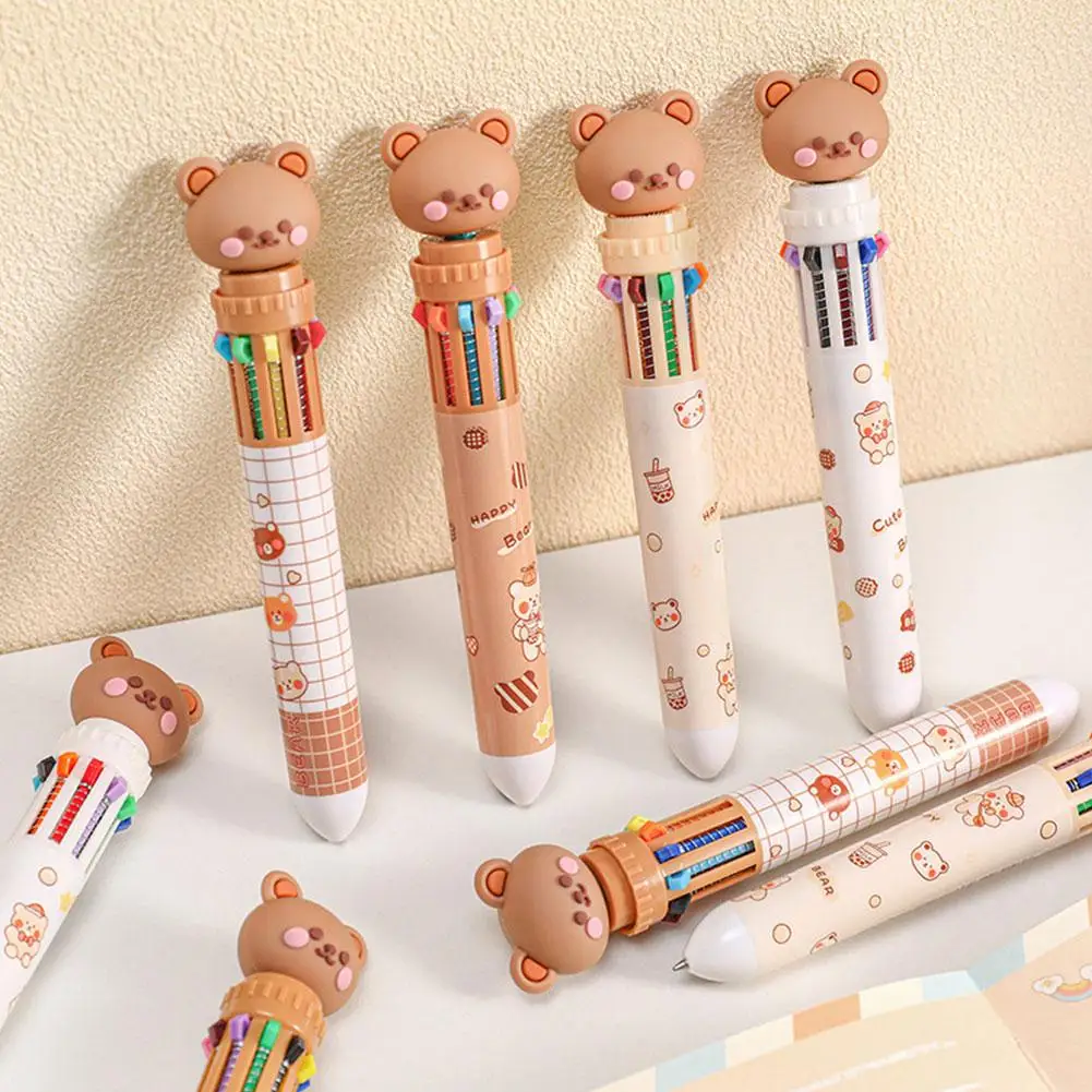 

Шариковая ручка Bear Ten Color Push-Type, мультяшная Милая цветная Шариковая Ручка-канцелярка, шариковая ручка для студентов, масляная, конфетных цветов Ra A5B5