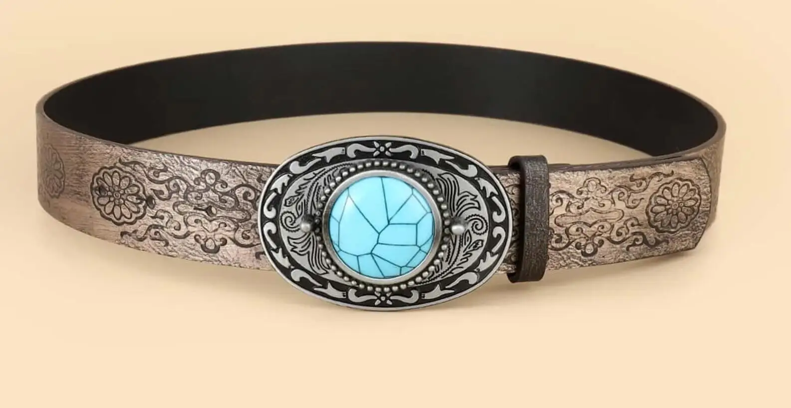 Fashion Embossed Strap Oval Zinc Alloy Buckle with Turquoise Western Belts for Man