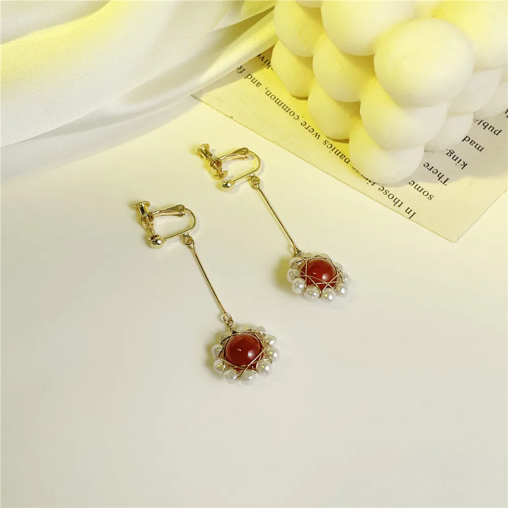 

Korean version of pearl red agate long earrings ear clips without ear holes temperament all-match earrings earrings women's high