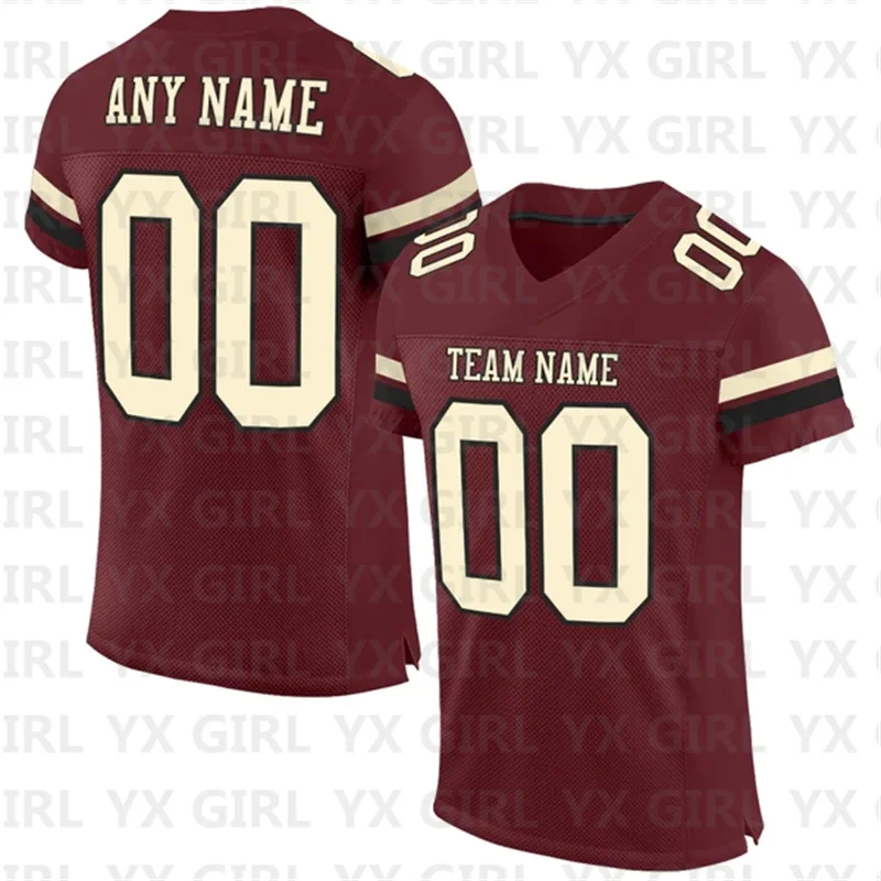 

Custom Burgundy Cream-Black Mesh Authentic Football Jersey Personlized Team name and you name number V-Neck Football T-Shirts