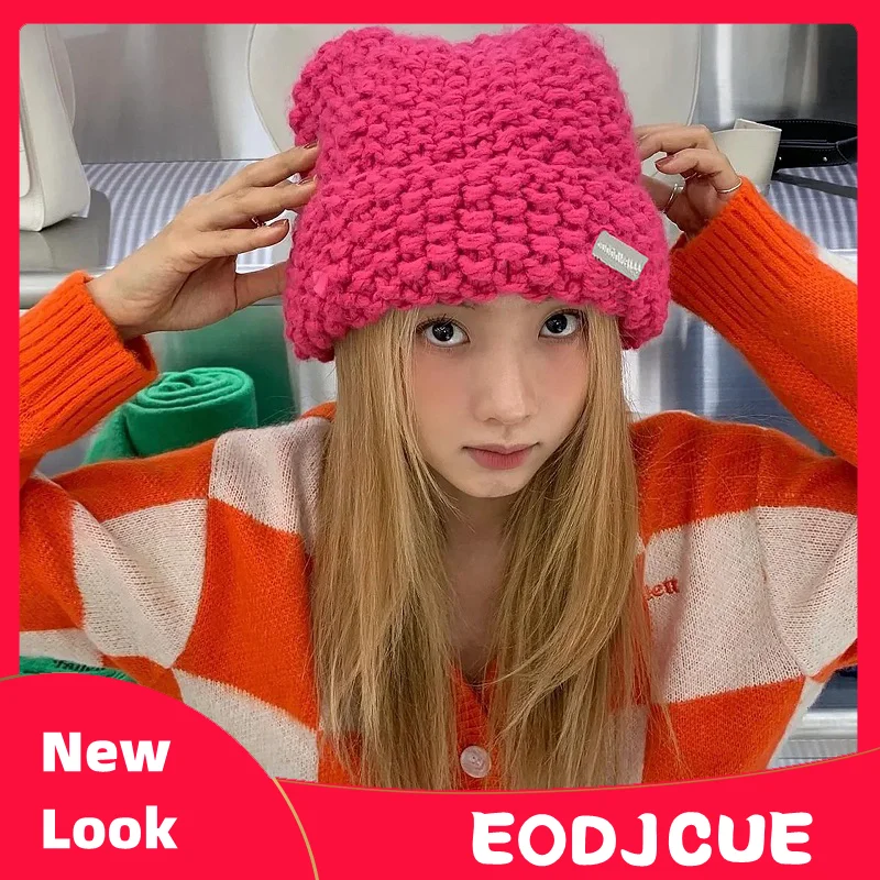 

Корейская вязаная Толстая линия, шапка с рисунком ананаса и цветов, женская зимняя универсальная теплая шапка с большой головой, Лыжные шап...