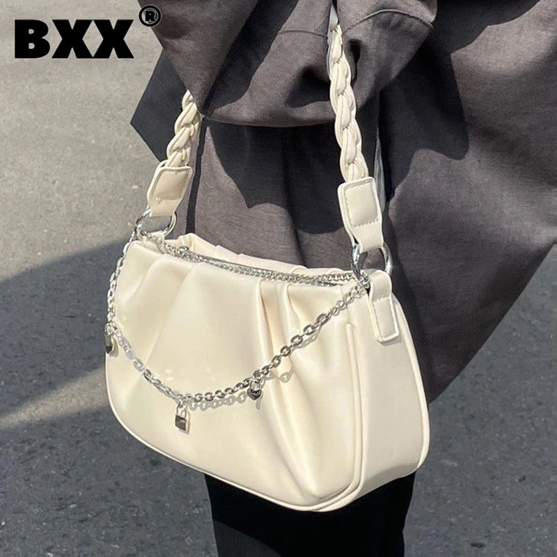 

[BXX] Pleated Leather Portable Shoulder Crossbody Bag For Women 2023 New Fashion Versatile Underarm Bags Female Handbag 8AB744