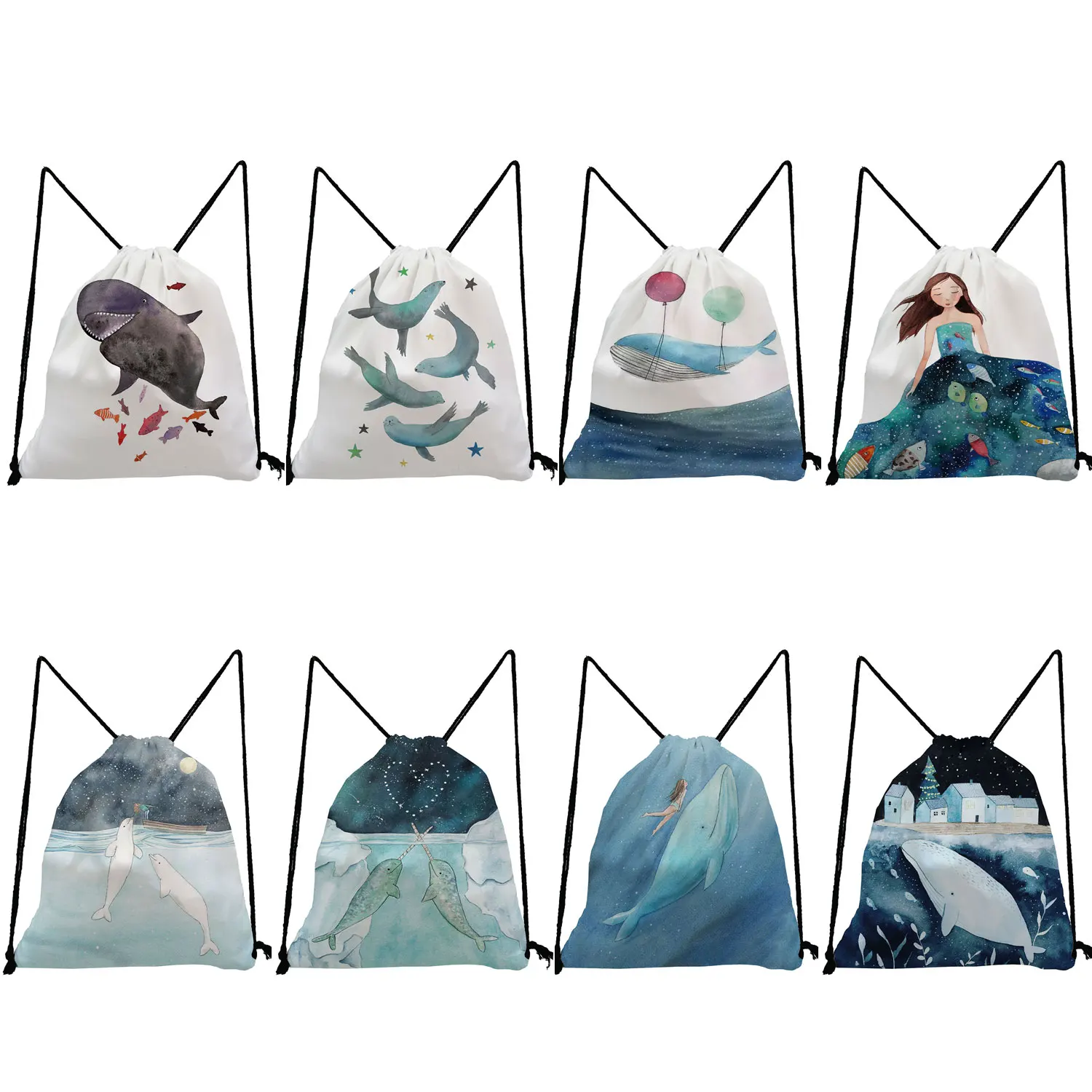 

Fresh Painting Cute Whale Sea Series Shopper Bags Women Drawstring Backpack Custom Graphics Designer Roomy Softback Bag Portable