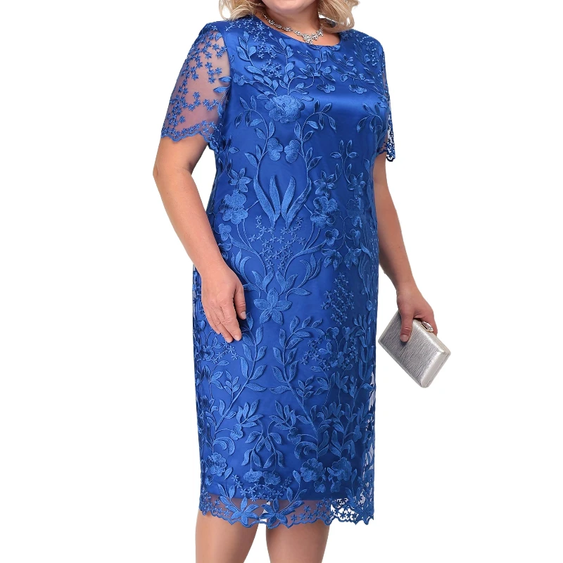 Women Short Sleeve Elegant Lace Plus Size Dress Ladies Round Neck Peplum Dresses For Women 2022 Wedding Party Dress Gowns Outfit