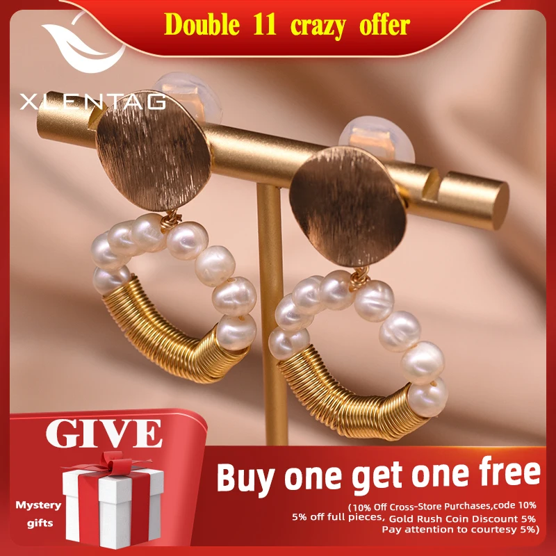 

XlentAg Minimalist Natural Pearl Hoop Pendant Clip On Earrings Women Wedding Party Metal Gifts Love Boho Fashion Jewelry GE0905