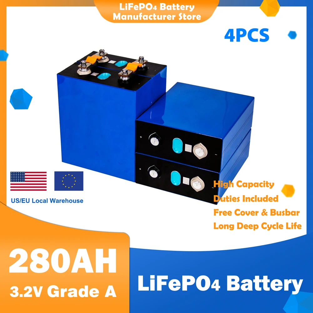 

4/8/16PCS 3.2V 320Ah 280Ah LiFePO4 Battery Cell Lithium Iron Phosphate Solar RV Grade A DIY 12V 24V 48V RV Boat Home Energy