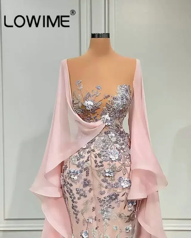 

Арабские розовые длинные вечерние платья с юбкой-годе, кружевные Официальные Вечерние платья для выпускного вечера, платья для свадьбы, пра...