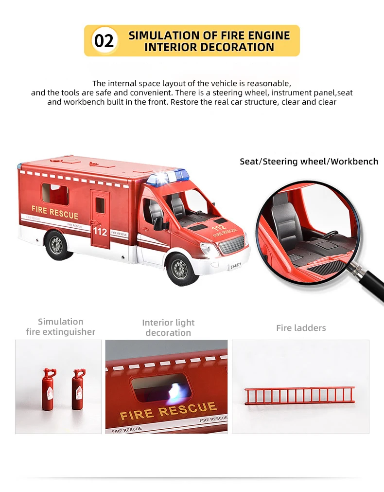 Double E Rc Car Large Simulation Fire Rescue Vehicle with Light Sound 119 Emergency Remote Control Toy Large City Car Model enlarge