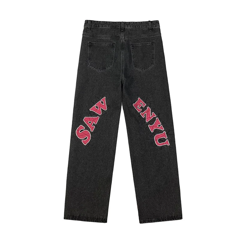 YIHANKE  High Street Letter Printed Jeans Men's Summer Thin Hiphop Fried Street Vibe Straight Tube Loose Pants Streetwear Hiphop