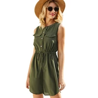 new good quality fashion hot selling womens solid color single breasted sleeveless pocket casual round neck pleated dress