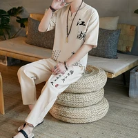 chinese style summer suit for men2022new mens casual large size cotton and linen short sleeve ankle length pants pants buckle g
