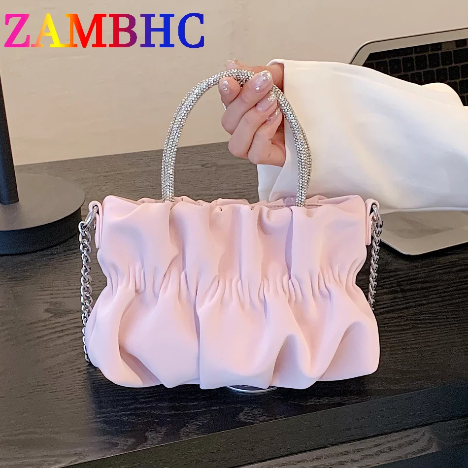 

Fashion Small Hobos Bag Designer Brand Ruched Shoulder Crossbody Bags for Women 2023 Summer Trend Lady Diamonds Chain Handle Bag