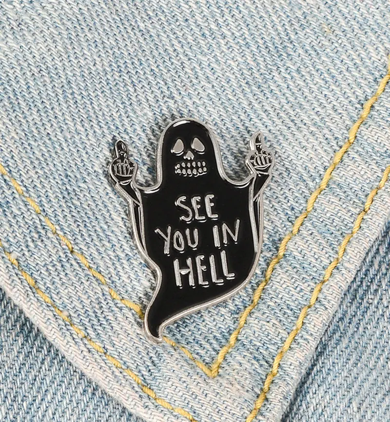 Black Ghost Middle Finger Enamel Pin See you in hell Badge Brooches Bag Clothes Lapel pin Funny Punk Gothic Jewelry Gift images - 6