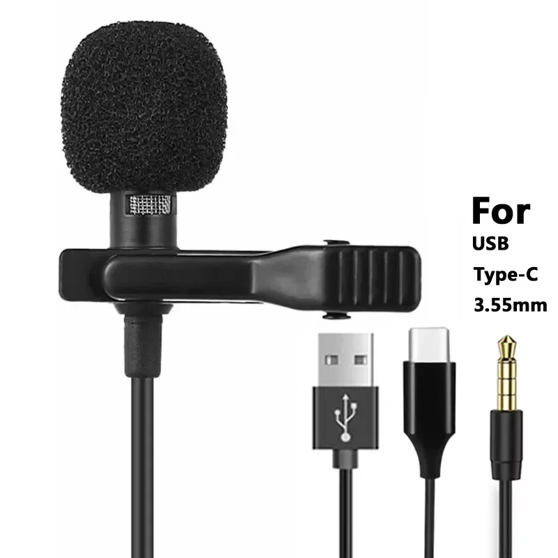 

1.5m Lavalier Mini Microphone Condenser Clip-on Lapel Mic Wired USB 3.5mm Type-C Microfon For Phone for Mac Laptop PC
