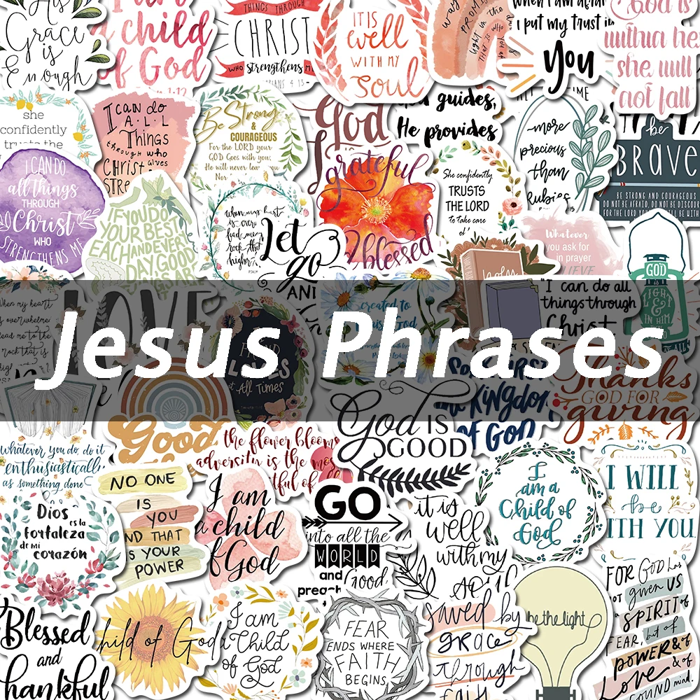 

10/52PCS Jesus Phrases Sentences Stickers Classic Vintage DIY Notebook Luggage Motorcycle Laptop Refrigerator Graffiti Decals