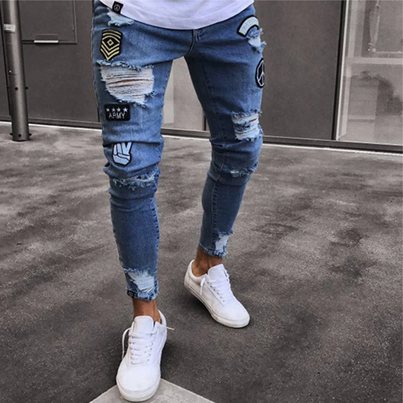 Spring and Summer Printing Hole New Men's Jeans Slim Fit Elastic Casual Youth Trousers Men's Badge Zipper Mid-Waist Pencil Pants