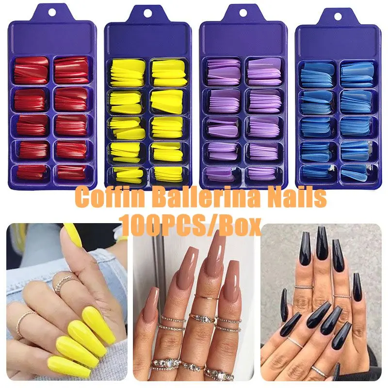 

100Pcs/Set Candy Color False Nails Full Cover French Coffin Ballerina Fake Nail DIY Nail Art Nails Extension Manicure Tool