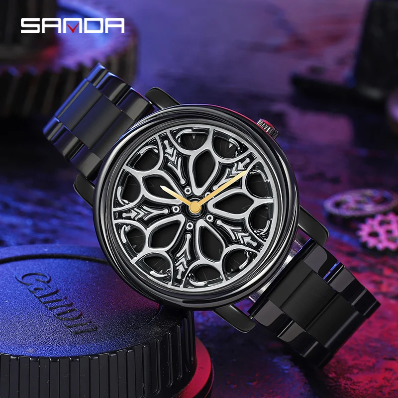 

SANDA P1105 Rotating Dial Waterproof Car Wheel Watch Men Quartz Sport Steel Clock Creative Rim Hub Wristwatch Relogio Masculine