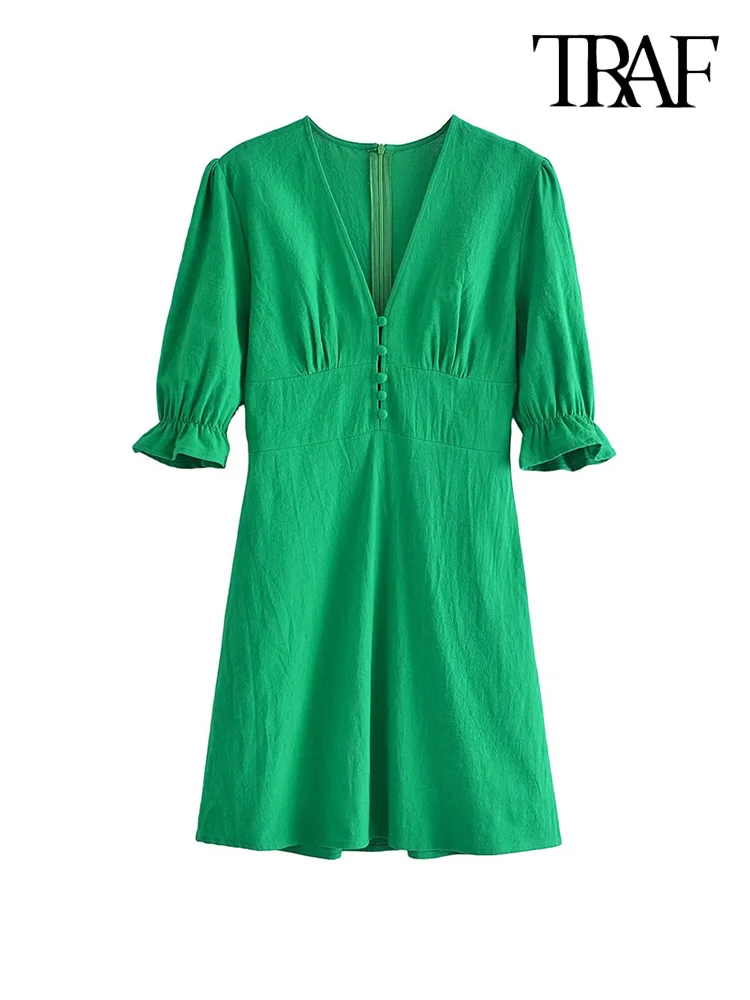 

Платье-мини женское льняное с V-образным вырезом и коротким рукавом