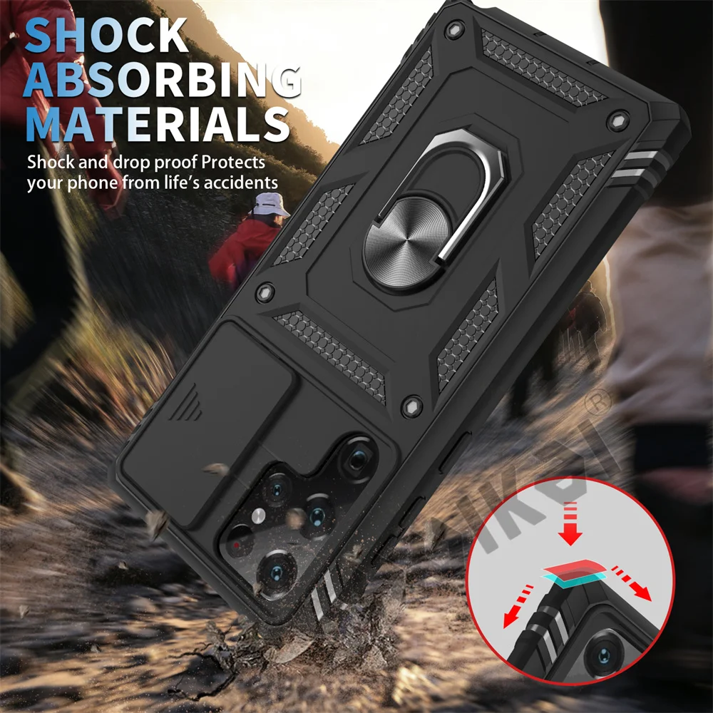 HUIKAI Case For Samsung S23 S22 S21 FE Ultra Plus A52 A32 5G Heavy Duty with Camera 360 Degree Rotate Kickstand Shockproof Cover